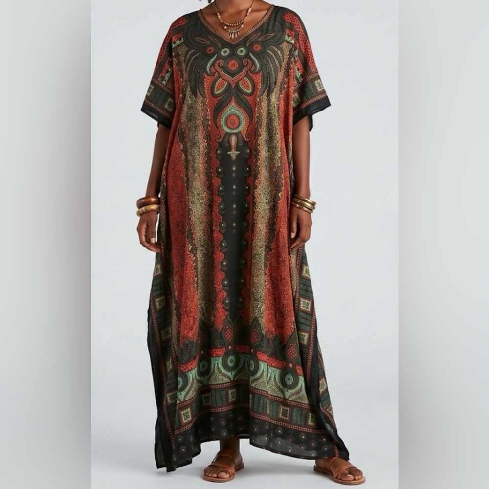 Sante Classics Black Bohemian Print Kaftan Maxi Dress V-Neck India One Size